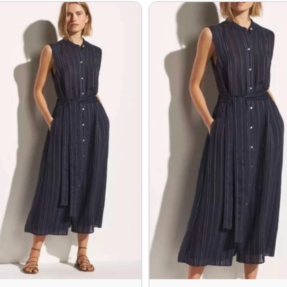 Vince Chic Black White Pinstriped Button-down Sleeveless Midi  Dress Sz L